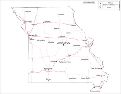 Missouri Outline Map With Capitals And Major Cities Digital Vector