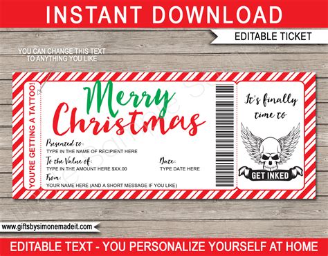 Christmas Tattoo Gift Certificate Template Diy Printable Gift Voucher