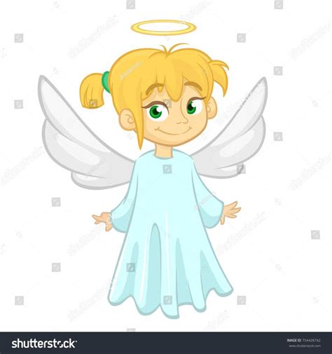 Cute Happy Cartoon Girl Angel Character With White Wings Flying Vector
