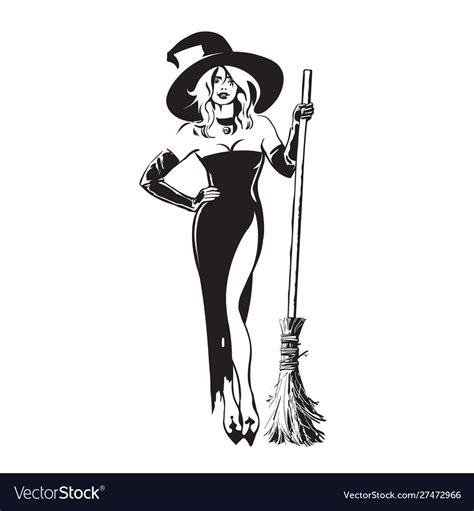 Halloween Beautiful Sexy Witch Holding Broomstick Vector Image