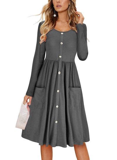 Casual Round Neck Long Sleeve High Waist Button Down Dress With Pockets Women Long Sleeve