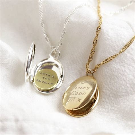 Personalised Engraved Oval Locket Necklace Silver Gold Etsy