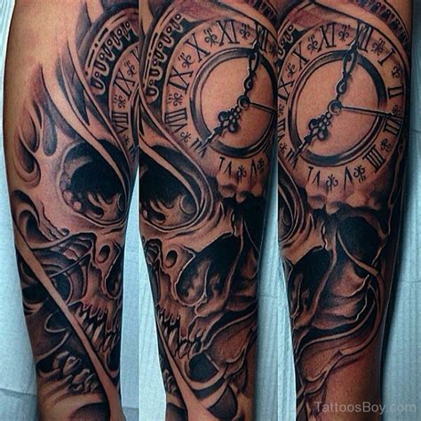 Perfect Skull And Clock Tattoo On Half Sleeve Tattoo Designs Tattoo