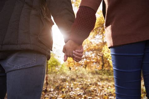 Young Couple Holding Hands On Walk In Autumn Woodland Stock Image