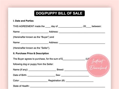 Dogpuppy Bill Of Sale Puppydog Agreement Of Sale Puppy Etsy