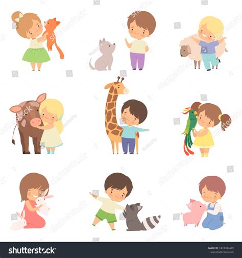 Cute Little Children Playing With Playing And Hugging Animals Kid