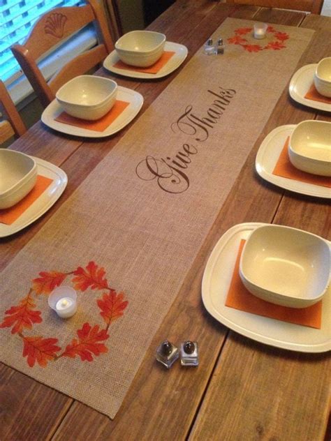 Burlap Table Runner With Give Thanks And A Leaf Border Etsy Burlap