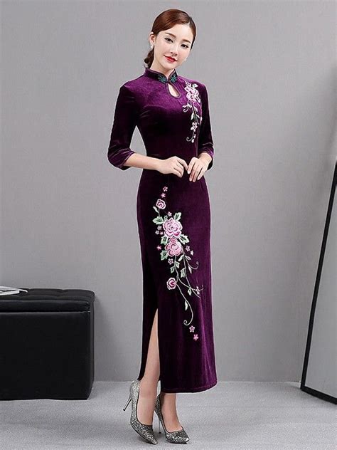 Purple Embroidered Velvet Qipao Cheongsam Dress With Long Sleeves Purple Long Sleeve Dress