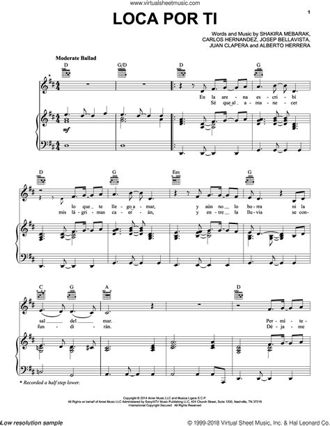 Shakira Loca Por Ti Sheet Music For Voice Piano Or Guitar