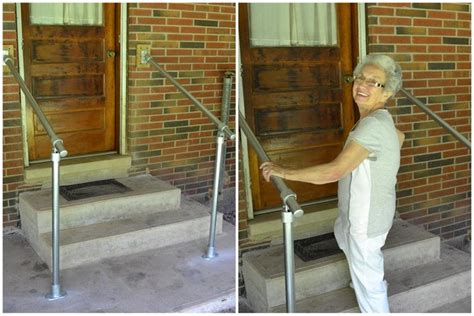 Our patented railing system is engineered to be safe stair hand and base rails connect to the railing posts to create the framework of your stair railing. aluminum railing for front porch | Simple Handrail for Back Door Accessibility | Diy stairs ...