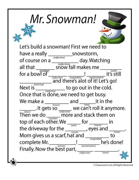 Winter Mad Libs Winter Mad Libs Mr Snowman Classroom Jr