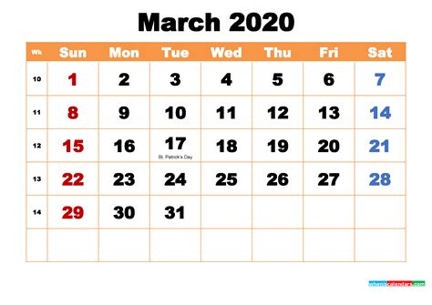 Printable Calendar For March 2020