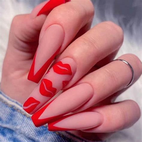 Foccna Coffin Press On Nails Red Extra Long Fake Nails Womens Acrylic False Nails