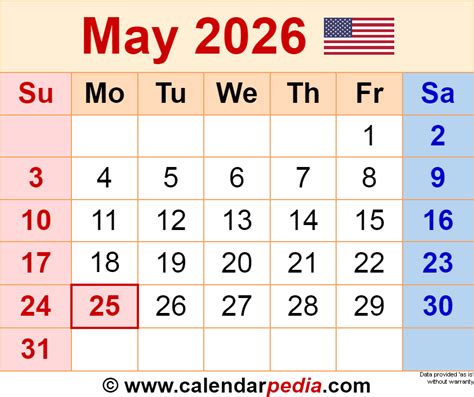 May 2026 Calendar Templates For Word Excel And Pdf