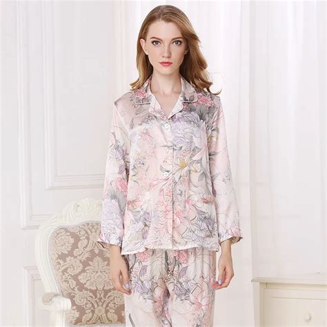 100 Silk Pajamas For Women 2019 Elegant Luxury Floral Print Pyjamas Sets Women Lounge Pajama