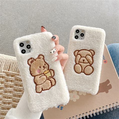 Cute Embroidery Bear Fuzzy Phone Case For Iphone 12 11 Pro Max Etsy