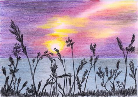 Sunset Over A Cornwall Beach Drawing In Coloured Pencil