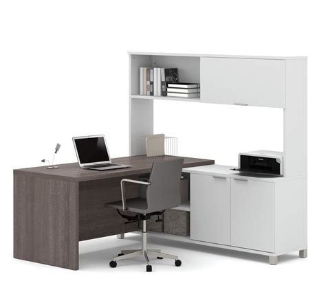 Premium Modern L Shaped Desk With Hutch In Bark Gray And White