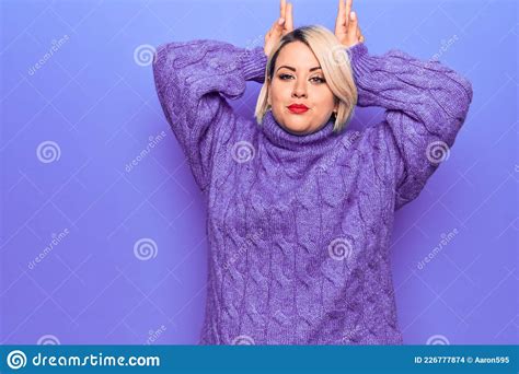Beautiful Blonde Plus Size Woman Wearing Casual Turtleneck Sweater Over