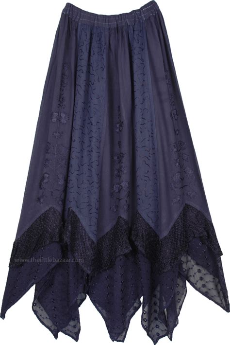 Handkerchief Hem Western Long Skirt With Eyelet Lace Blue Patchwork