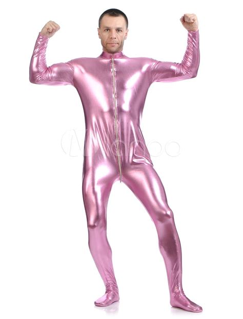 Pink Shiny Metallic Zentai Suit For Men Halloween Metallic Shiny Pink Zentai Suit Mens