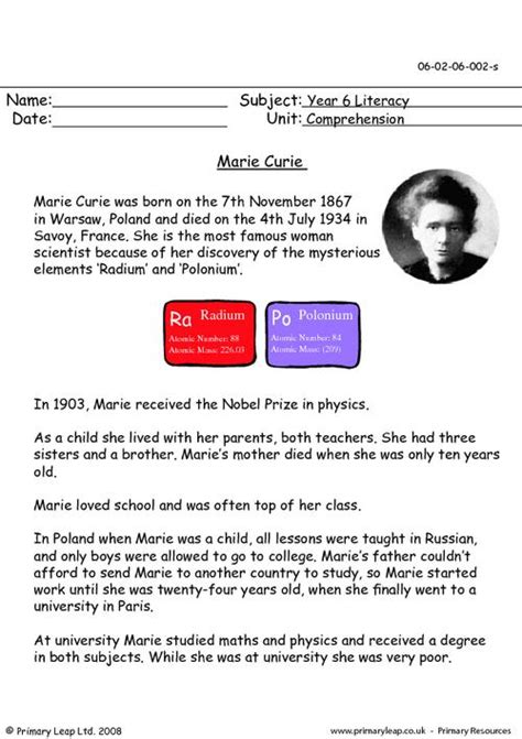Marie Curie Worksheet