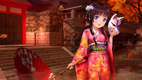 Anime Girl Kimono Umbrella Wallpaper For Desktop And