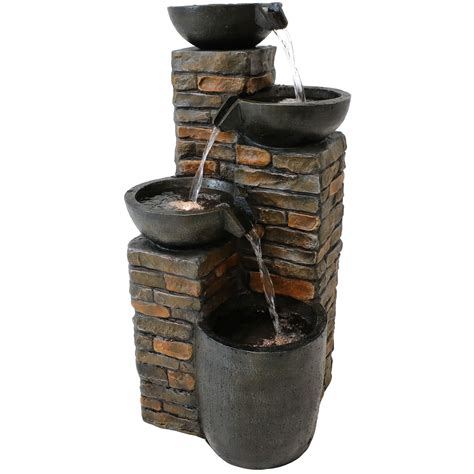 Sunnydaze Staggered Pottery Bowls Outdoor Water Fountain With Led
