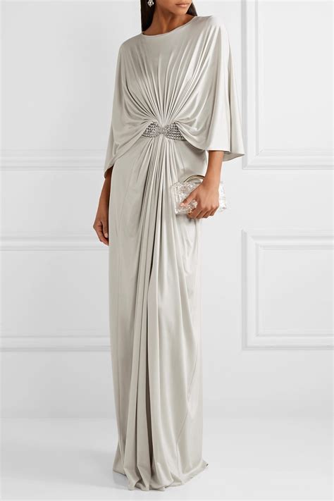 Reem Acra Draped Embellished Silk Jersey Maxi Gray Dress Vestidos