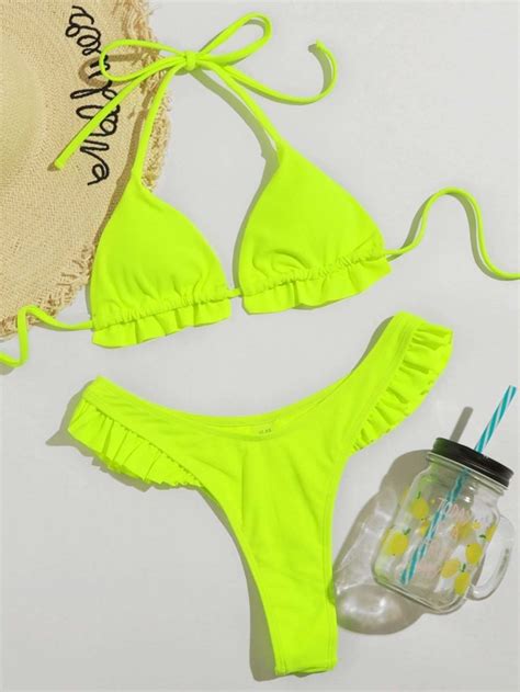 Neon Lime Triangle Halter High Cut Bikini Swimsuit