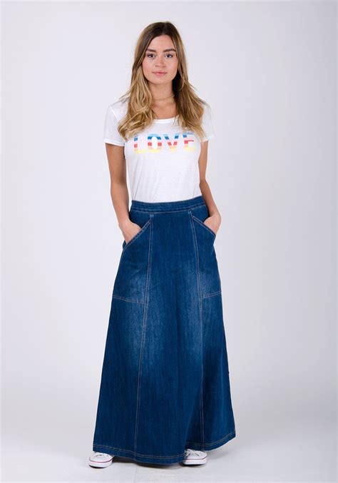 Long Denim Skirt With Utility Pockets Stonewash Jeanskirt Maxiskirt