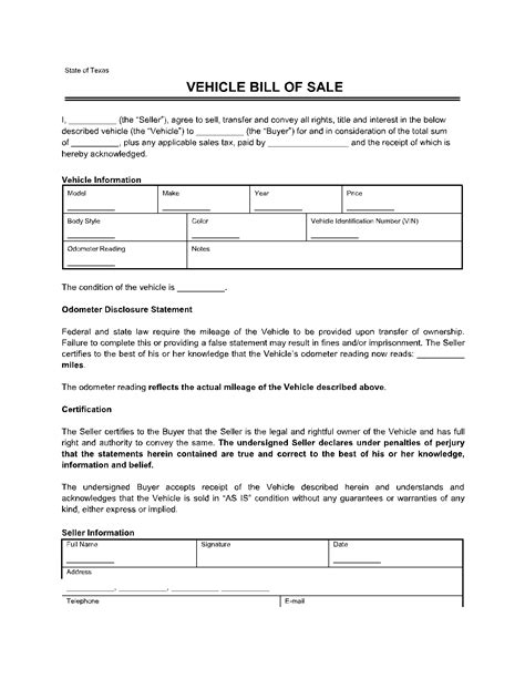 Texas Vehicle Bill Of Sale