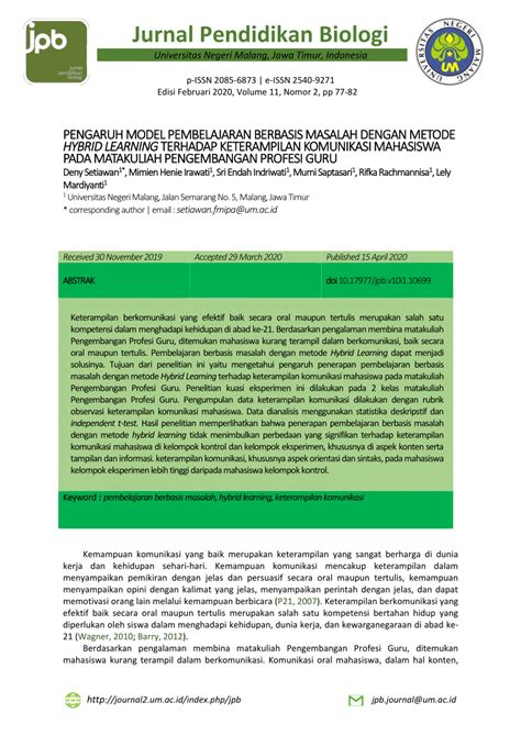 Pdf Pengaruh Model Pembelajaran Berbasis Masalah Dengan Metode Hybrid 0