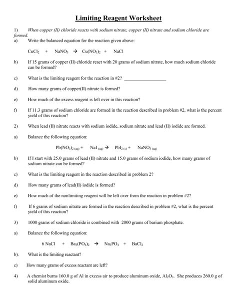 Chemistry Worksheet Limiting Reactant Worksheet 1
