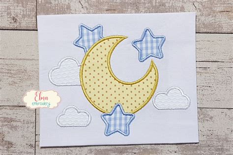 Moon Clouds And Stars Applique Embroidery Design 4x4 5x4 Etsy