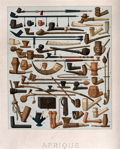 Fifty Four Different African Pipes Chromolithograph By Schmidt C