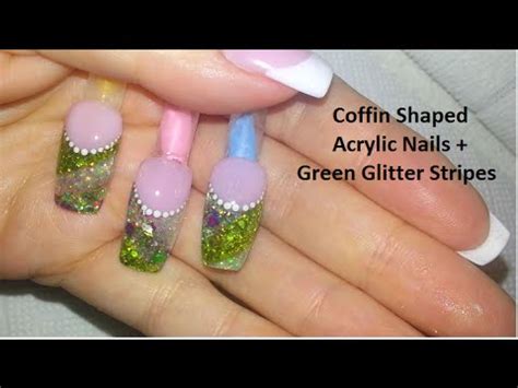 Coffin Shaped Nude French Acrylic Nails + Green Glitter ... Hot pink and neon pink shades are bright and youthful.