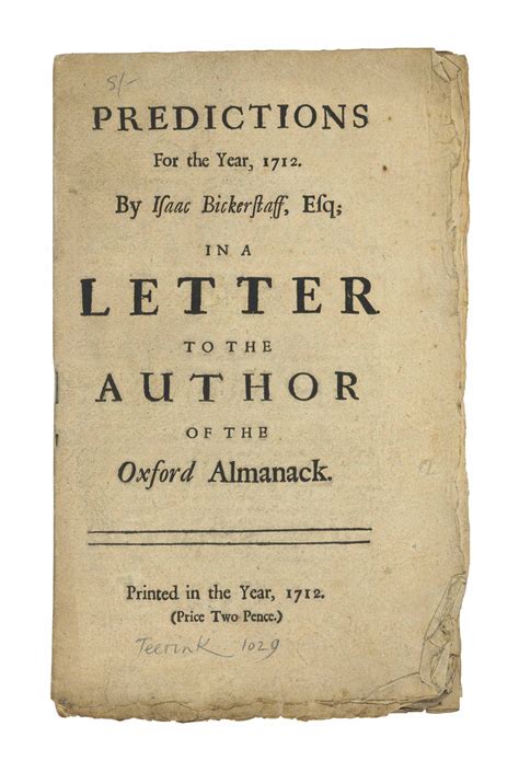 Swift Imitation Predictions For The Year 1712 By Isaac Bickerstaff Esq In A Letter To The