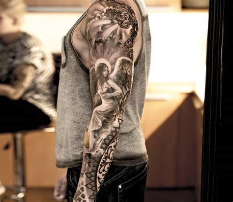 Men Full Sleeve Realistic Angel Flying With Wings Tattoo