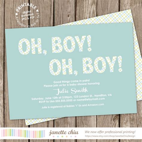 Twin Boys Baby Shower Invitation Digital Printable Or Printed Etsy