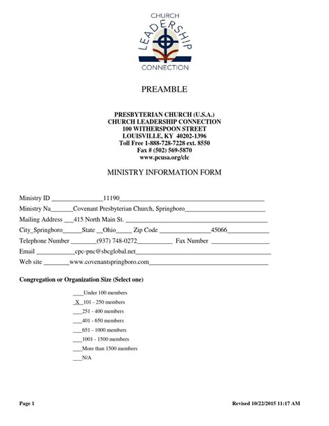 Covenant Presbyterian Church Ministry Information Form By Covenant