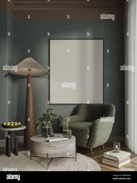Living Room Interior Adorned With Elegant Dark Green Walls And