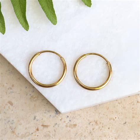 14kt Yellow Gold Hoop Shiny Thin Endless Hoop Earrings 13 Mm Etsy