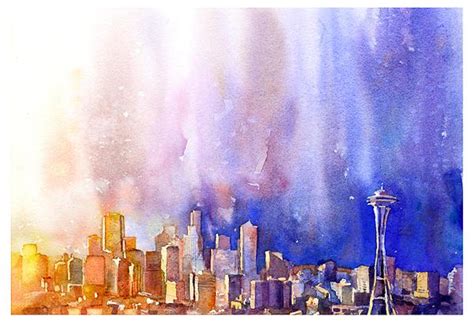Seattle Skyline Watercolor Painting Rseattle
