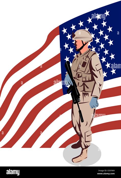 Illustration Of American Soldier Rifle Saluting American Stars And