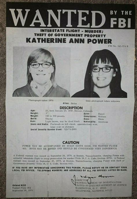 Vintage 1970 Fbi Wanted Poster For Top Ten Fugitive Katherine Ann Power