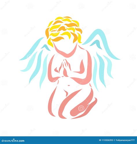 A Little Cute Angel Is Praying On His Knees Stock Illustration