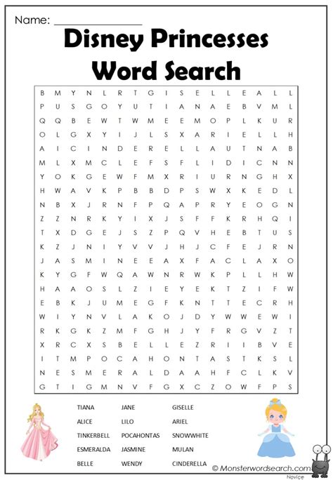 Disney Princesses Word Search Monster Word Search