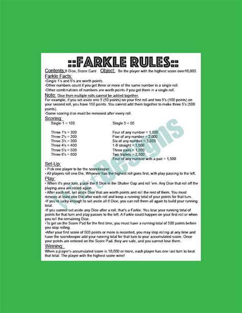 Printable Farkle Rules