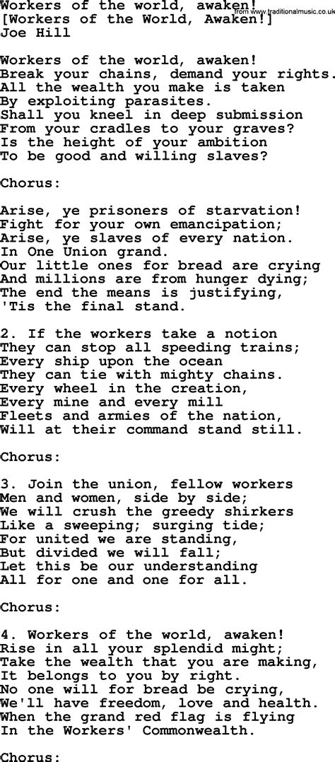 Old American Song Lyrics For Workers Of The World Awaken With Pdf